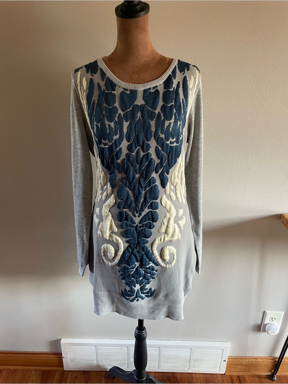Esley Gray Long-Sleeve Tunic Dress with Blue & Cream Embroidery
